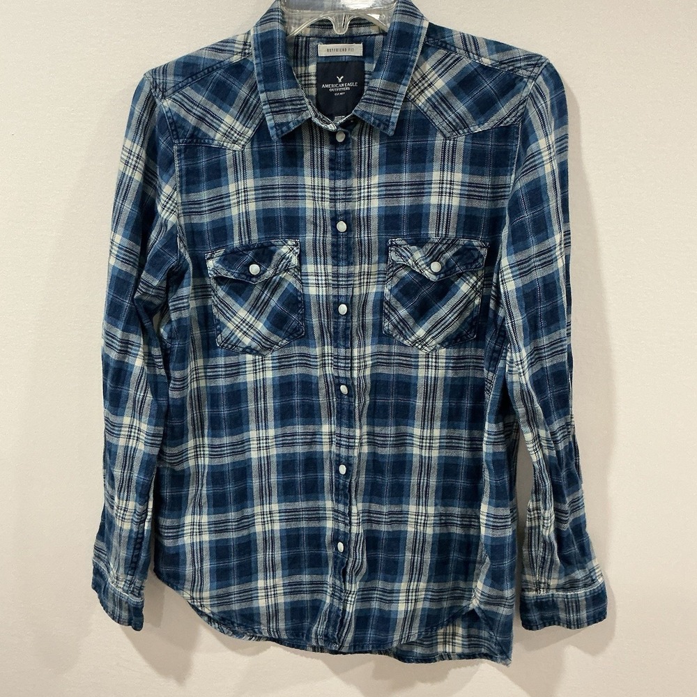 American Eagle Long Sleeve Snap Flannel Shirt Women M Blue Plaid Boyfriend Fit